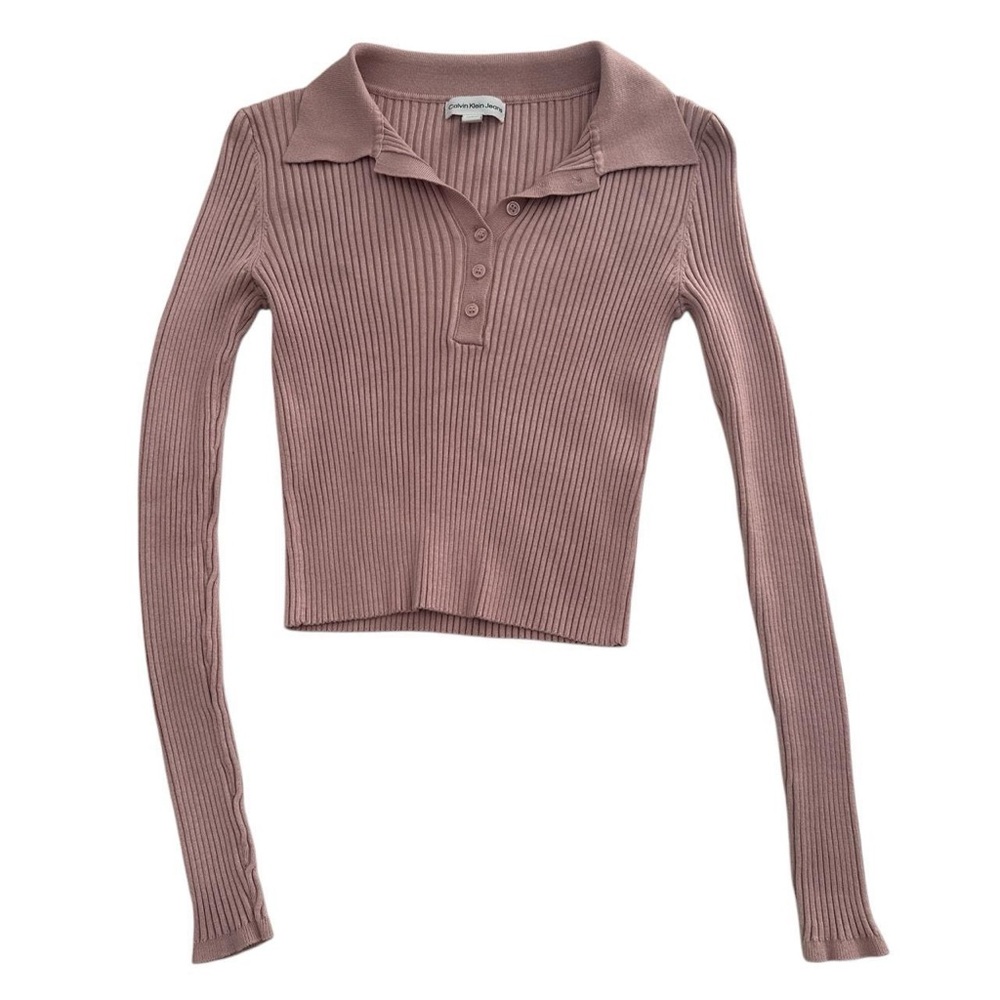 calvin klein : baby Pink long sleeve ribbed polo top #pinktop